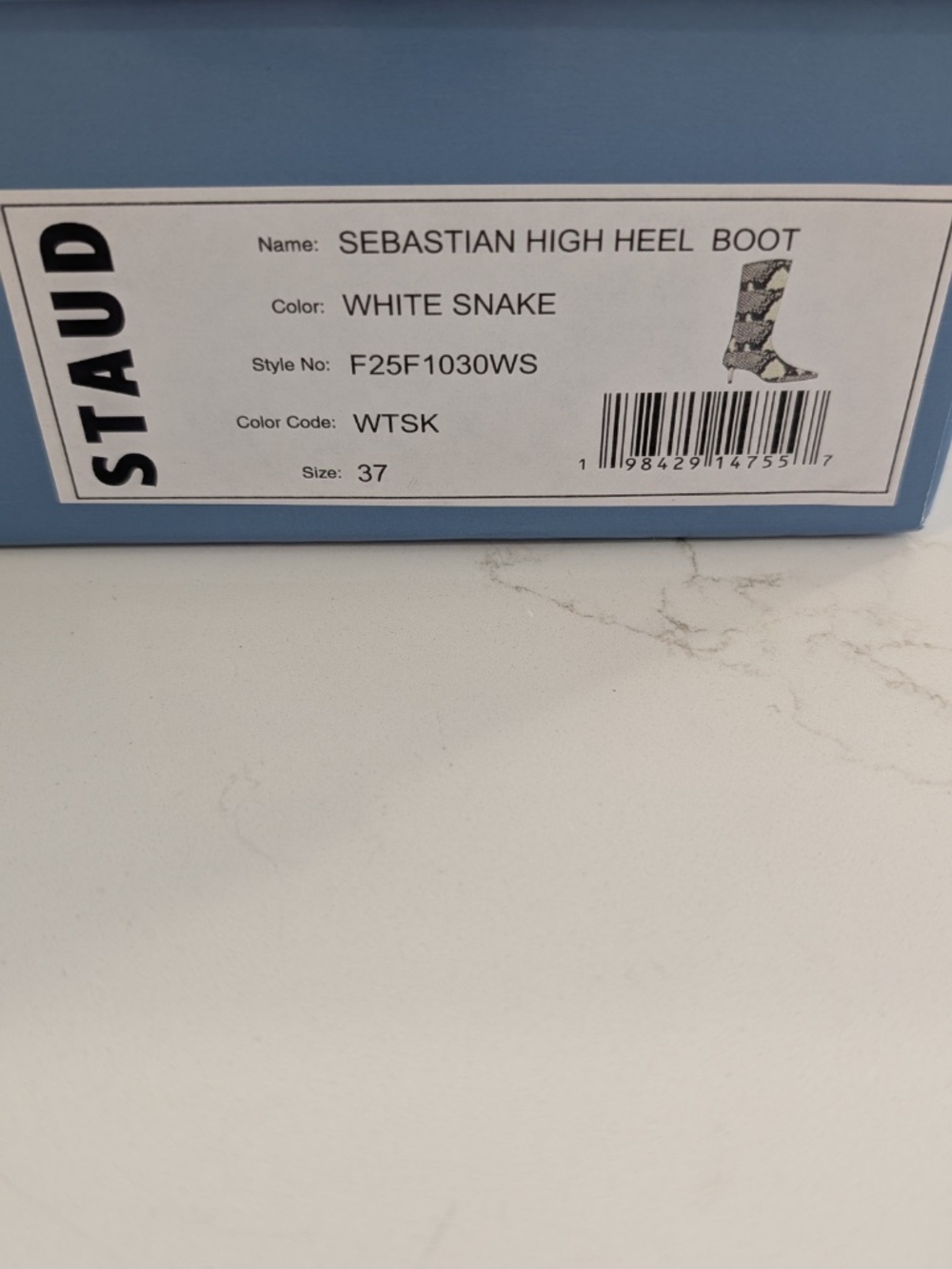 STAUD Sebastian Knee High Boots 37 7 White Snake Embossed Leather Pointed NIB - Picture 11 of 14
